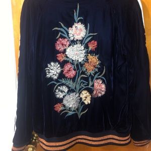 Zara navy blue velvet zip up w floral embroidery